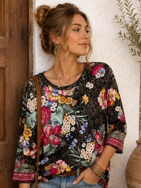 Johnny Was Sistine Boho Floral Bell Sleeve Top Onyx Black Luxury Bamboo Knit